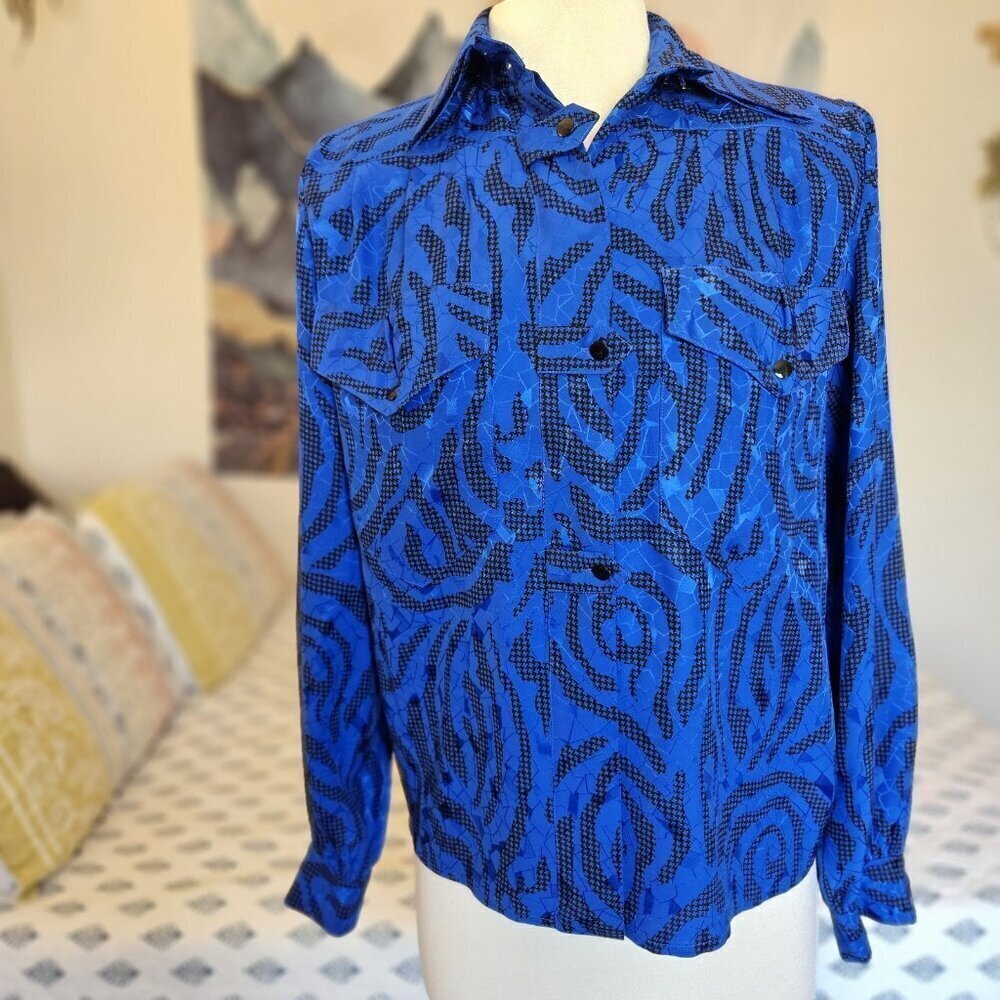 Vintage Francesca of Damon Silk Blouse 6 Blue Animal Print Neiman Marcus - Picture 4 of 13